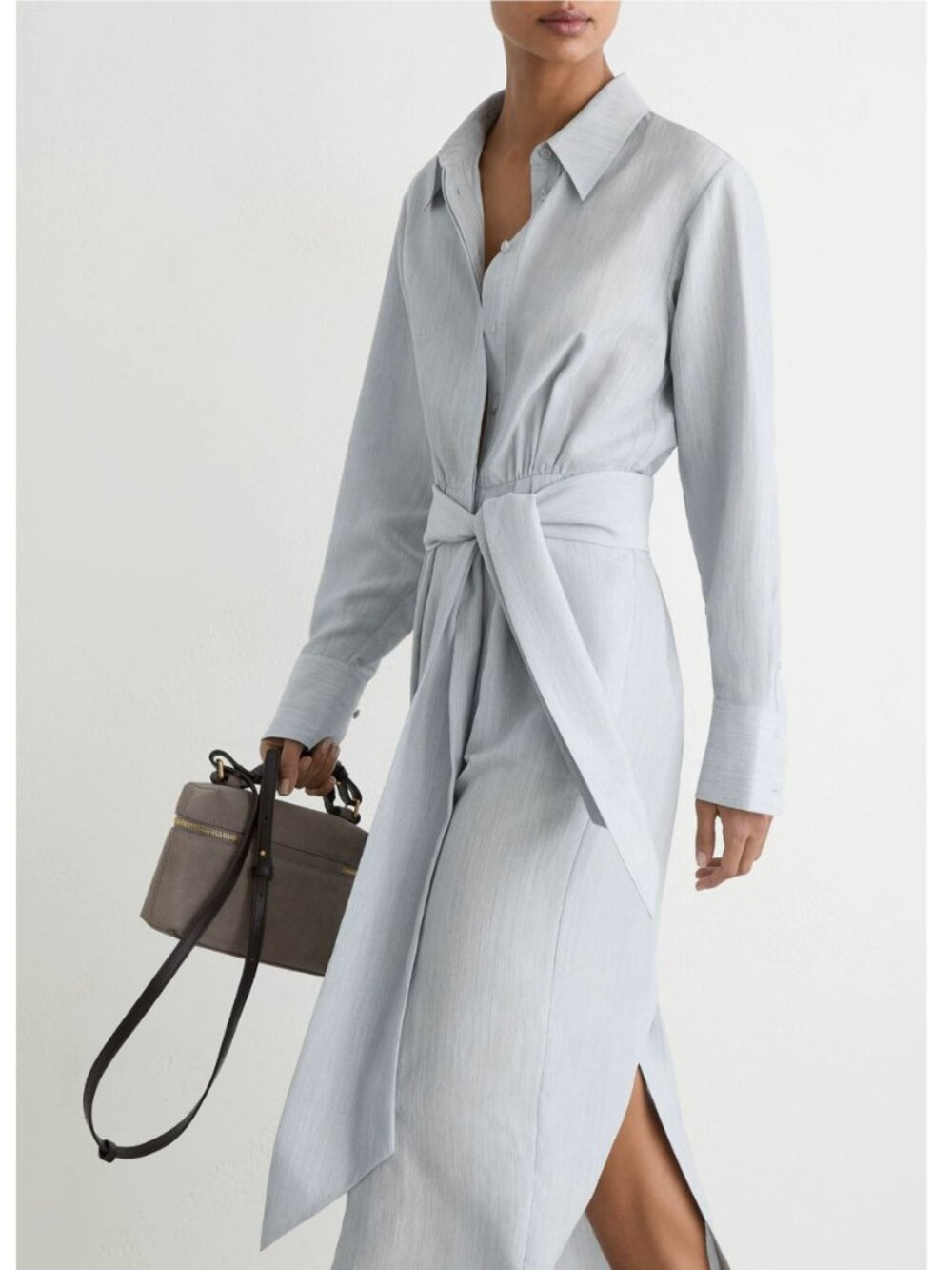 REISS Gianna Shirt Midi Dress Light Blue Modal-Blend Tie-Waist Quiet Lux - Picture 3 of 6